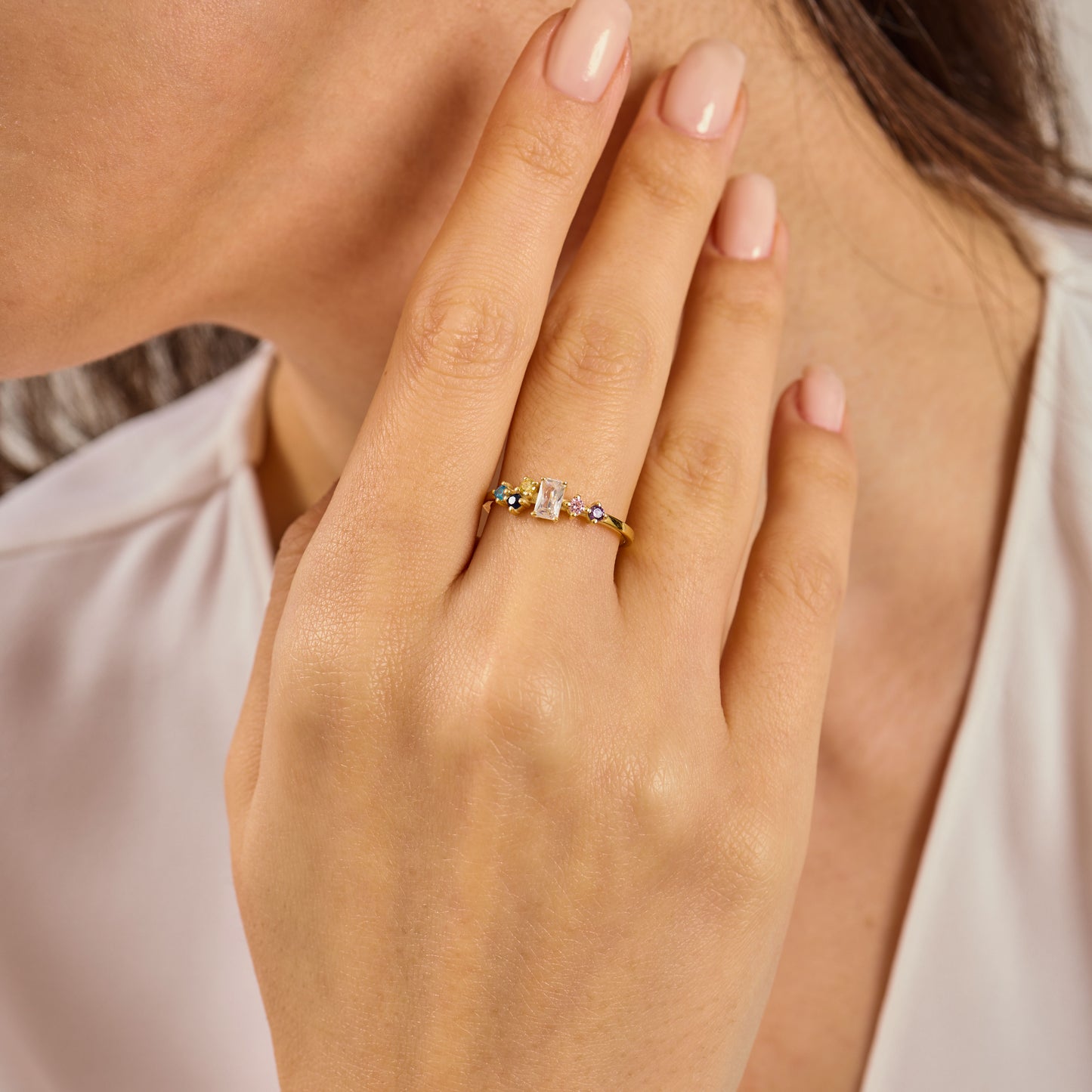 Multi Color Radiant Cut Ring, Solid Gold Radiant & Round Birthstone Ring | Dainty Minimalist Stacking Band, Unique Birthday Gift for Her