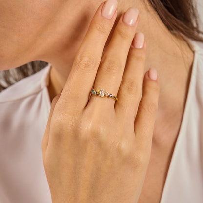 Multi Color Radiant Cut Ring, Solid Gold Radiant & Round Birthstone Ring | Dainty Minimalist Stacking Band, Unique Birthday Gift for Her