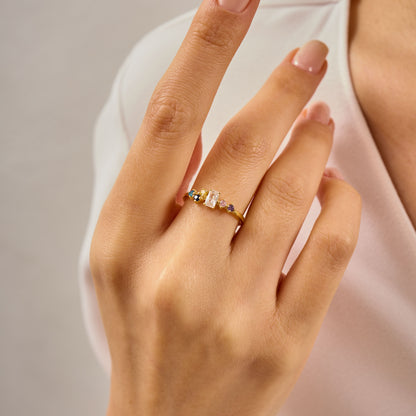 Multi Color Radiant Cut Ring, Solid Gold Radiant & Round Birthstone Ring | Dainty Minimalist Stacking Band, Unique Birthday Gift for Her