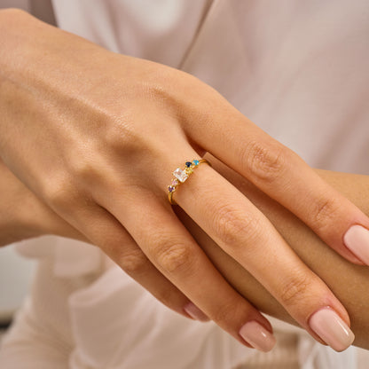 Multi Color Radiant Cut Ring, Solid Gold Radiant & Round Birthstone Ring | Dainty Minimalist Stacking Band, Unique Birthday Gift for Her