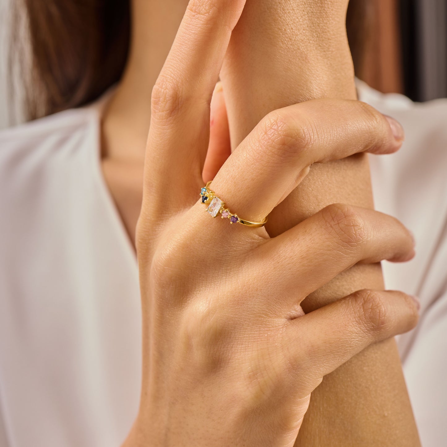 Multi Color Radiant Cut Ring, Solid Gold Radiant & Round Birthstone Ring | Dainty Minimalist Stacking Band, Unique Birthday Gift for Her