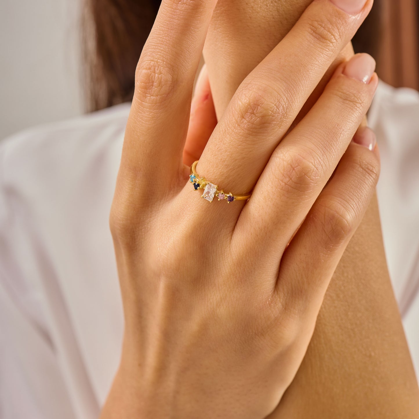 Multi Color Radiant Cut Ring, Solid Gold Radiant & Round Birthstone Ring | Dainty Minimalist Stacking Band, Unique Birthday Gift for Her