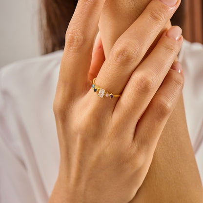 Multi Color Radiant Cut Ring, Solid Gold Radiant & Round Birthstone Ring | Dainty Minimalist Stacking Band, Unique Birthday Gift for Her