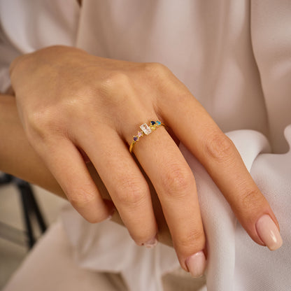 Multi Color Radiant Cut Ring, Solid Gold Radiant & Round Birthstone Ring | Dainty Minimalist Stacking Band, Unique Birthday Gift for Her