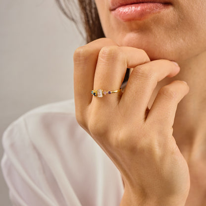 Multi Color Radiant Cut Ring, Solid Gold Radiant & Round Birthstone Ring | Dainty Minimalist Stacking Band, Unique Birthday Gift for Her