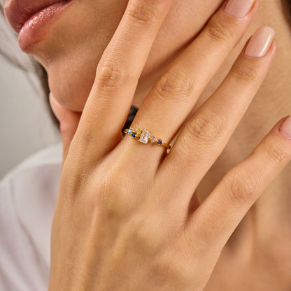 Multi Color Radiant Cut Ring, Solid Gold Radiant & Round Birthstone Ring | Dainty Minimalist Stacking Band, Unique Birthday Gift for Her