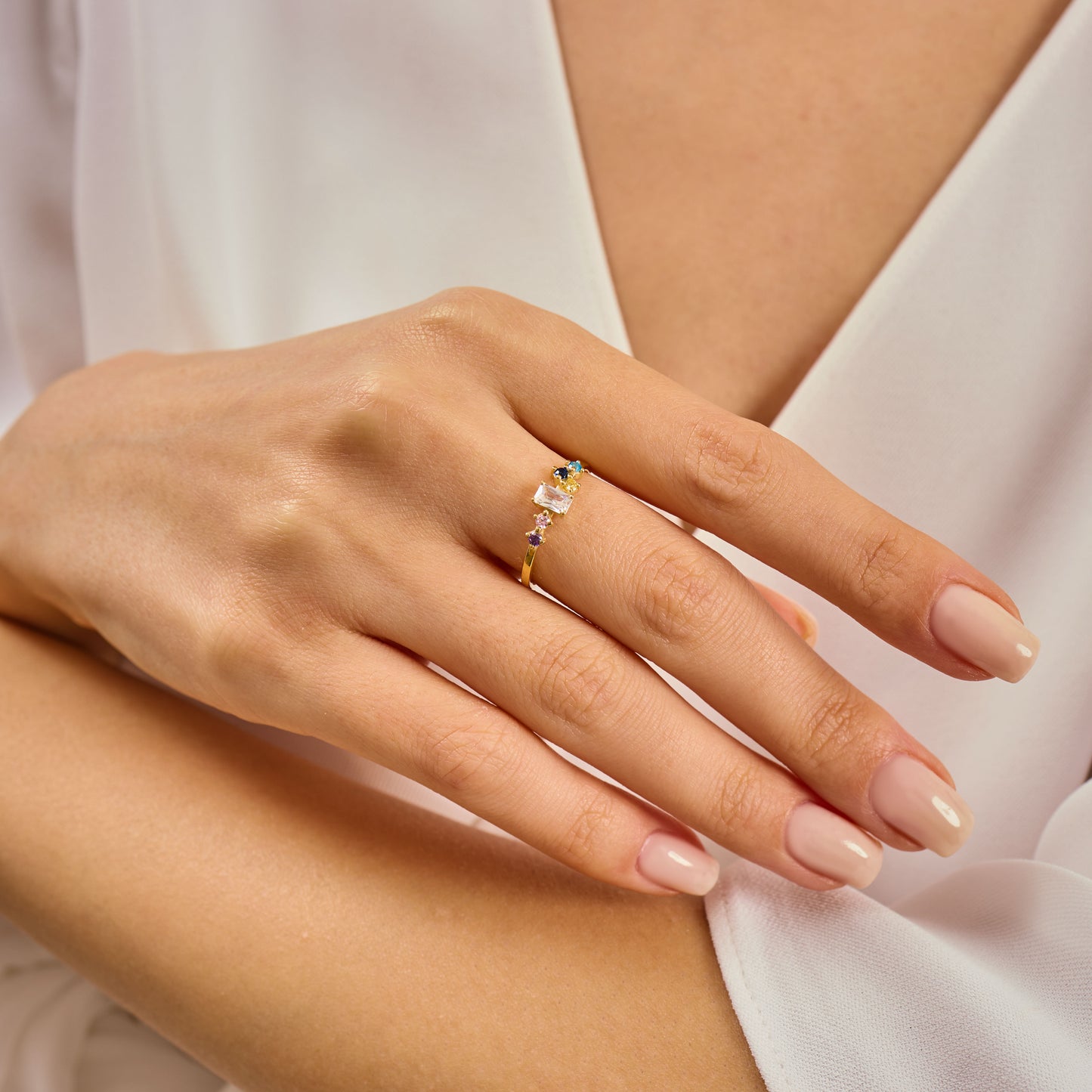 Multi Color Radiant Cut Ring, Solid Gold Radiant & Round Birthstone Ring | Dainty Minimalist Stacking Band, Unique Birthday Gift for Her