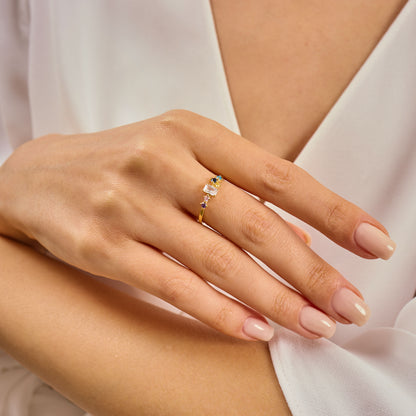 Multi Color Radiant Cut Ring, Solid Gold Radiant & Round Birthstone Ring | Dainty Minimalist Stacking Band, Unique Birthday Gift for Her