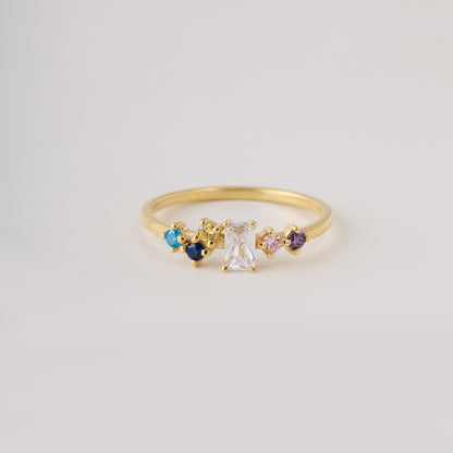Multi Color Radiant Cut Ring, Solid Gold Radiant & Round Birthstone Ring | Dainty Minimalist Stacking Band, Unique Birthday Gift for Her