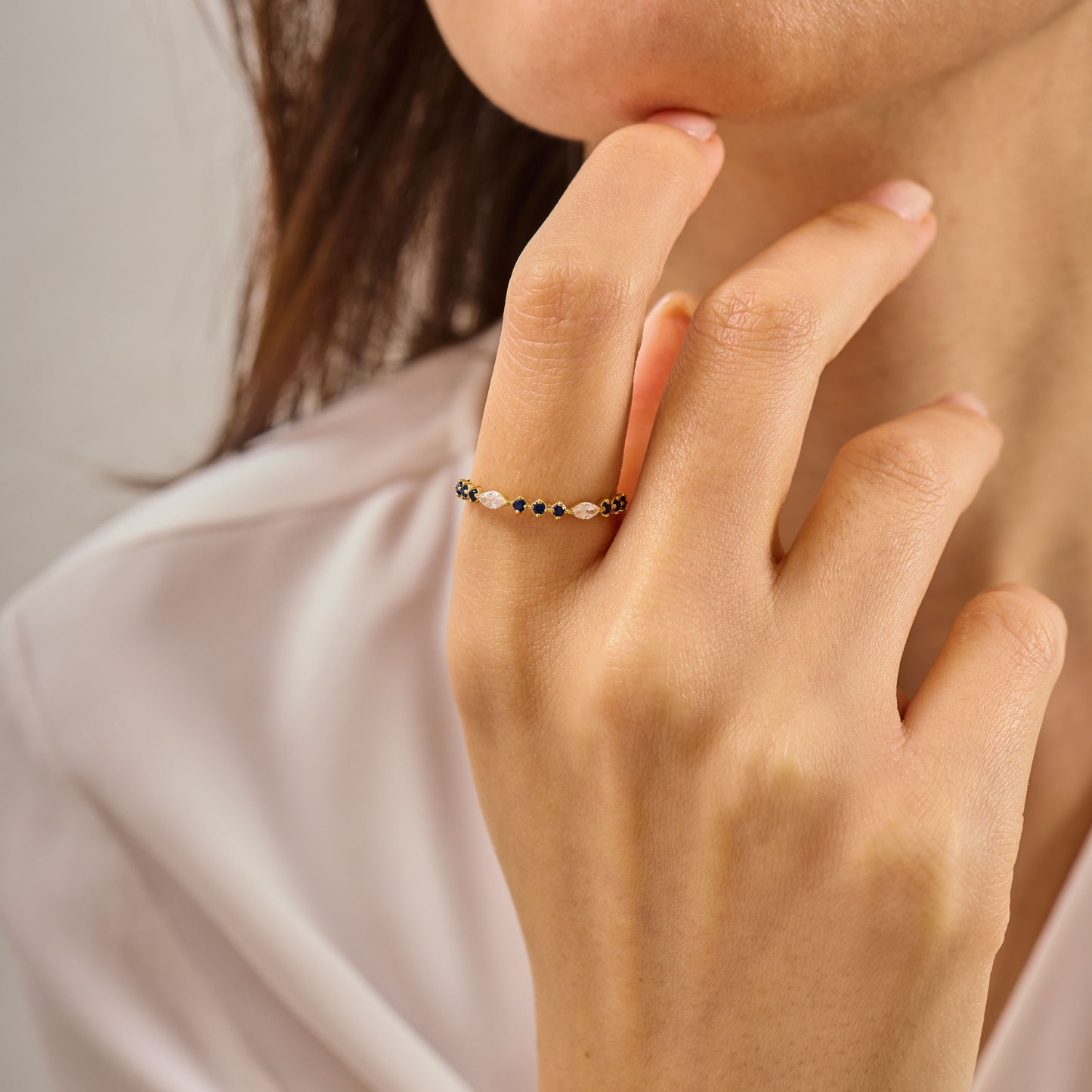 Solid Gold Marquise Moissanite and Sapphire Stacking Ring