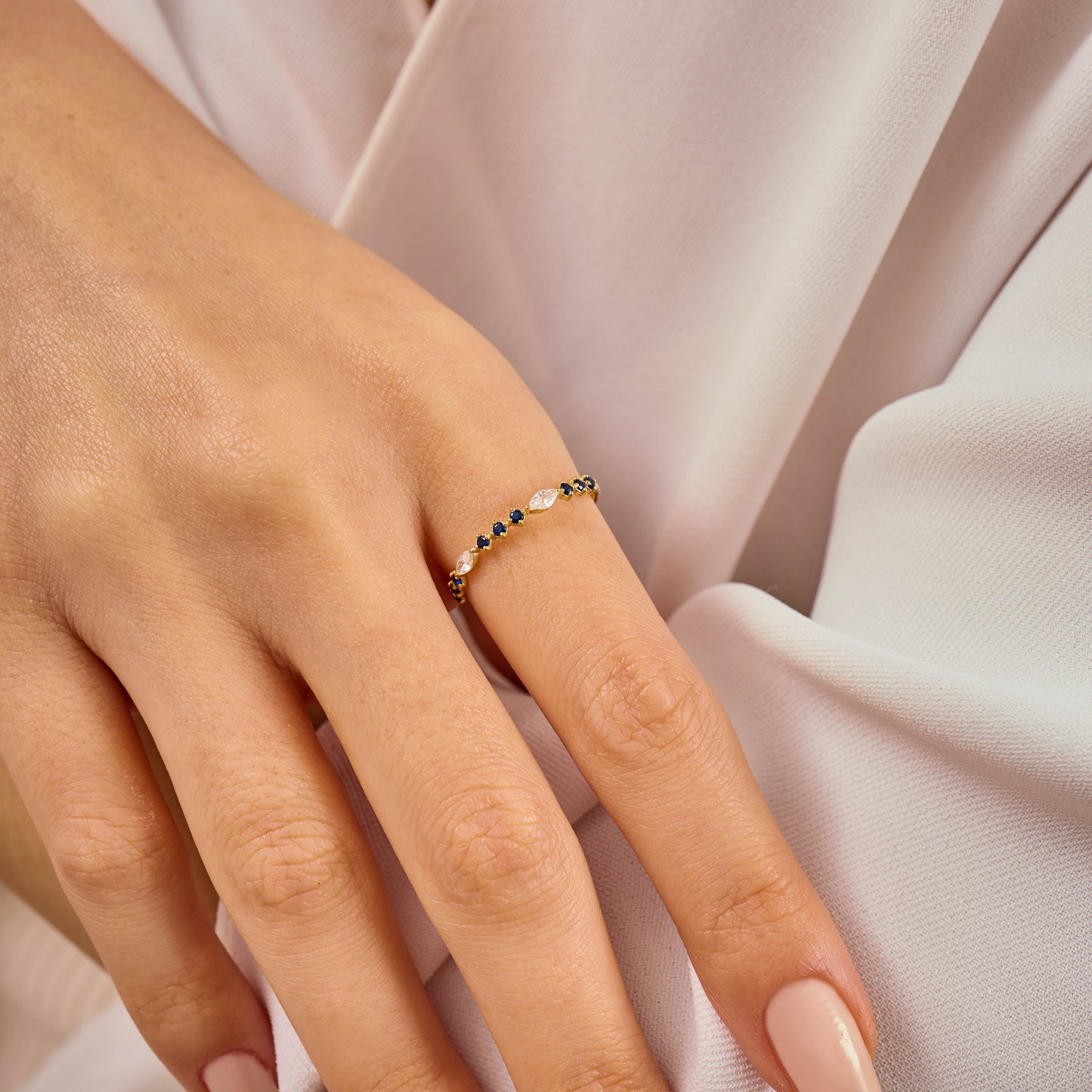 Solid Gold Marquise Moissanite and Sapphire Stacking Ring