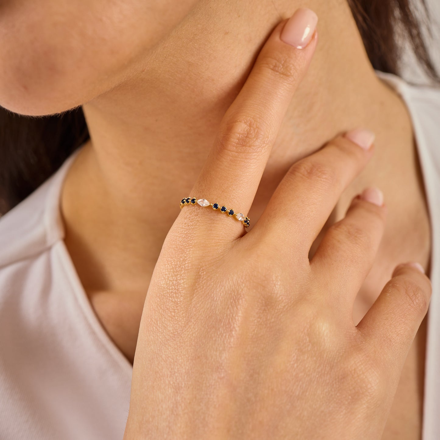 Solid Gold Marquise Moissanite and Sapphire Stacking Ring