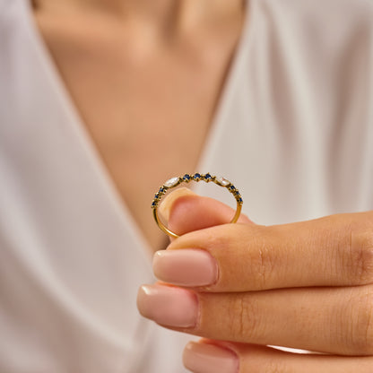 Solid Gold Marquise Moissanite and Sapphire Stacking Ring