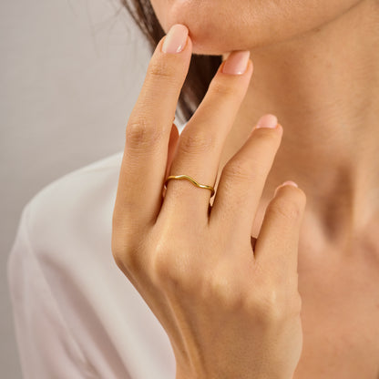 Wave Ring Solid Gold | Minimalist Ocean Wave Stacking Band | Dainty Curved Wedding Ring | Solid Gold Handmade Jewelry Gift for Her
