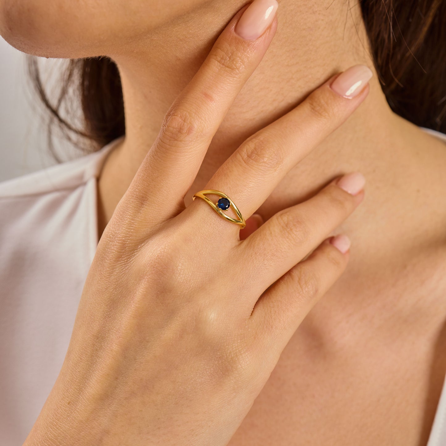 Evil Eye Ring  Solid Gold | Sapphire Blue Birthstone Ring | Dainty Minimalist Eye Band | Solid Gold Protection Jewelry Gift for Her