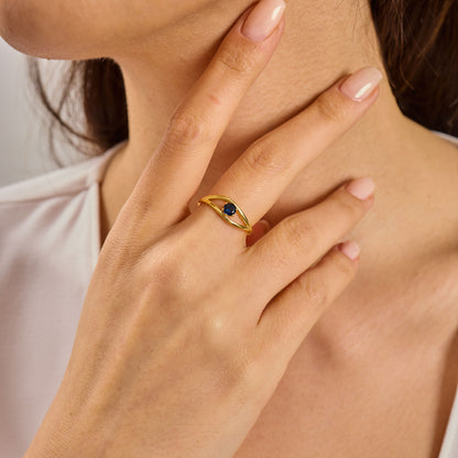 Evil Eye Ring  Solid Gold | Sapphire Blue Birthstone Ring | Dainty Minimalist Eye Band | Solid Gold Protection Jewelry Gift for Her