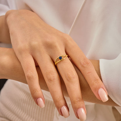 Evil Eye Ring  Solid Gold | Sapphire Blue Birthstone Ring | Dainty Minimalist Eye Band | Solid Gold Protection Jewelry Gift for Her