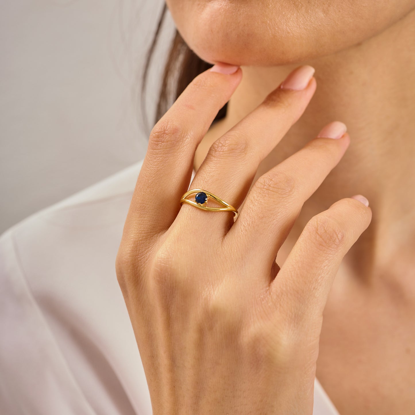 Evil Eye Ring  Solid Gold | Sapphire Blue Birthstone Ring | Dainty Minimalist Eye Band | Solid Gold Protection Jewelry Gift for Her