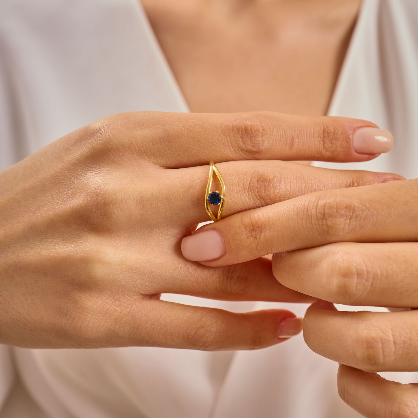 Evil Eye Ring  Solid Gold | Sapphire Blue Birthstone Ring | Dainty Minimalist Eye Band | Solid Gold Protection Jewelry Gift for Her