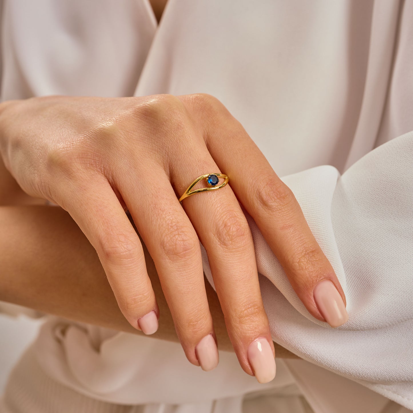 Evil Eye Ring  Solid Gold | Sapphire Blue Birthstone Ring | Dainty Minimalist Eye Band | Solid Gold Protection Jewelry Gift for Her