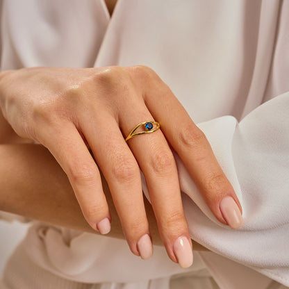 Evil Eye Ring  Solid Gold | Sapphire Blue Birthstone Ring | Dainty Minimalist Eye Band | Solid Gold Protection Jewelry Gift for Her