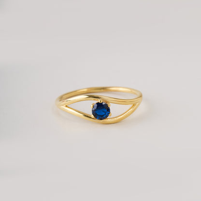 Evil Eye Ring  Solid Gold | Sapphire Blue Birthstone Ring | Dainty Minimalist Eye Band | Solid Gold Protection Jewelry Gift for Her