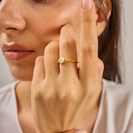 Slim Signet Ring Solid Gold | Minimalist Oval Pinky Ring | Dainty Geometric Stacking Band | Solid Gold Handmade Jewelry Gift for Her