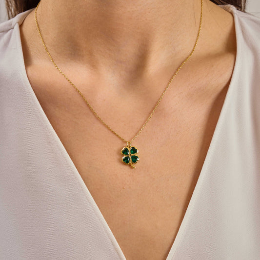 Solid Gold Clover Necklace | Heart Emerald Pendant, Good Luck Charm