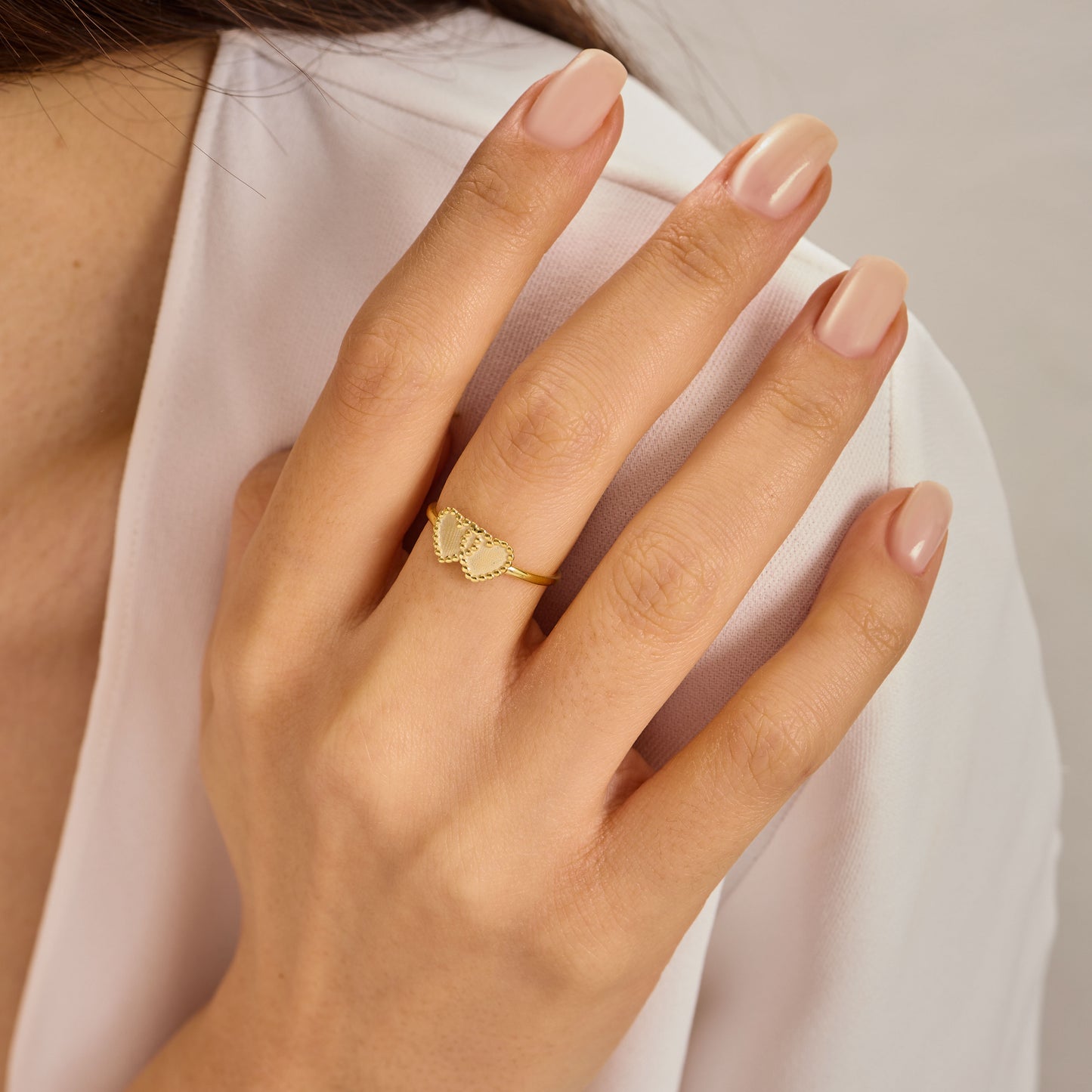 Double Heart Beaded Ring Solid Gold, Minimalist Twin Heart Stacking Band, Dainty Gold Love Ring,Solid Gold Handmade Jewelry Gift for Her