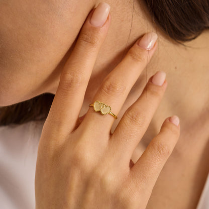 Double Heart Beaded Ring Solid Gold, Minimalist Twin Heart Stacking Band, Dainty Gold Love Ring,Solid Gold Handmade Jewelry Gift for Her