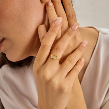 Double Heart Beaded Ring Solid Gold, Minimalist Twin Heart Stacking Band, Dainty Gold Love Ring,Solid Gold Handmade Jewelry Gift for Her