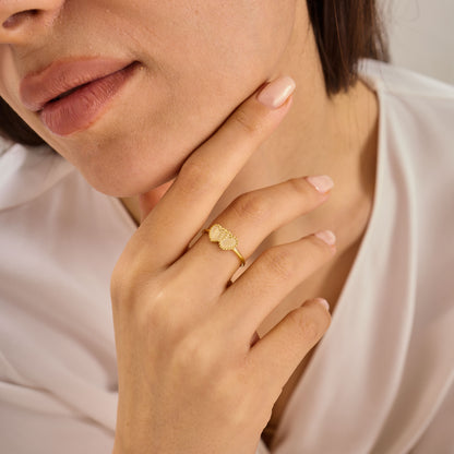 Double Heart Beaded Ring Solid Gold, Minimalist Twin Heart Stacking Band, Dainty Gold Love Ring,Solid Gold Handmade Jewelry Gift for Her