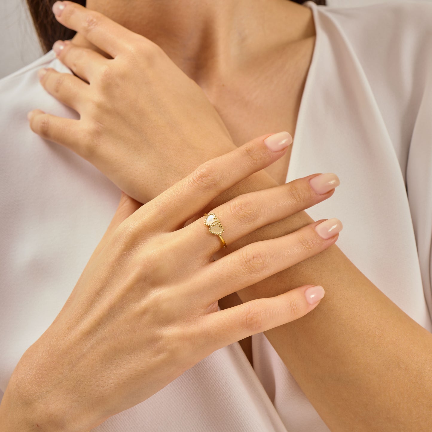 Double Heart Beaded Ring Solid Gold, Minimalist Twin Heart Stacking Band, Dainty Gold Love Ring,Solid Gold Handmade Jewelry Gift for Her