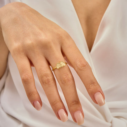 Double Heart Beaded Ring Solid Gold, Minimalist Twin Heart Stacking Band, Dainty Gold Love Ring,Solid Gold Handmade Jewelry Gift for Her