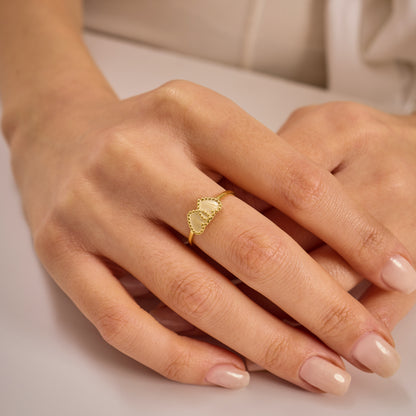 Double Heart Beaded Ring Solid Gold, Minimalist Twin Heart Stacking Band, Dainty Gold Love Ring,Solid Gold Handmade Jewelry Gift for Her