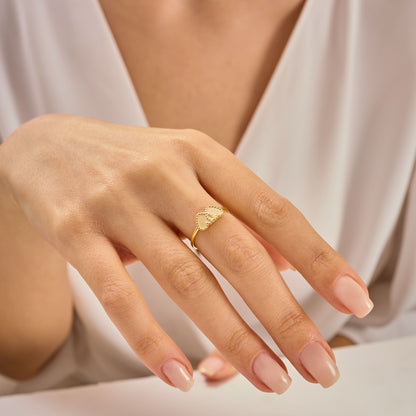 Double Heart Beaded Ring Solid Gold, Minimalist Twin Heart Stacking Band, Dainty Gold Love Ring,Solid Gold Handmade Jewelry Gift for Her
