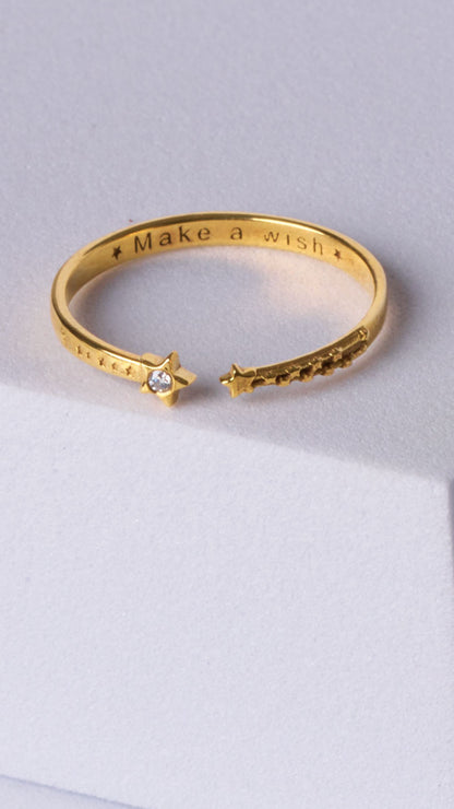 Solid Gold & Silver "Make A Wish" Band Ring: Star and Diamond Accent Inspirational Wish Ring