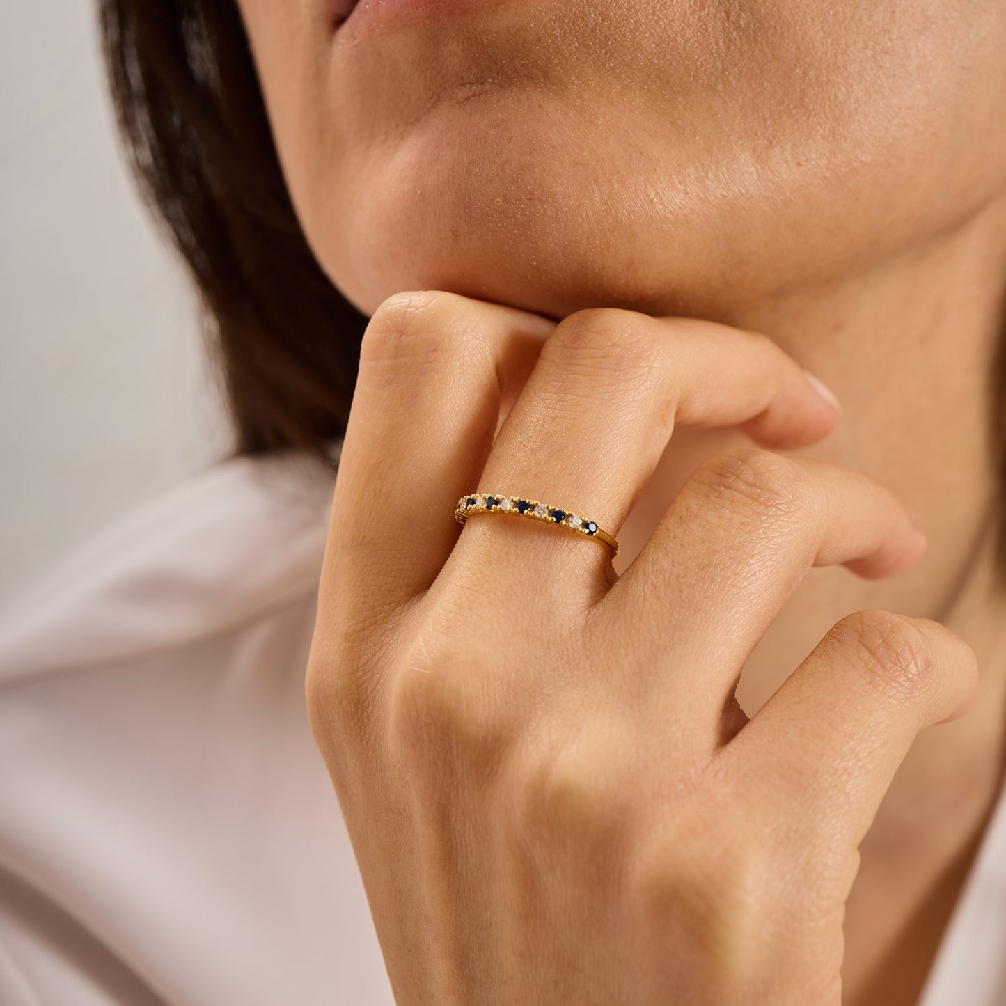 Solid Gold Sapphire Moissanite Ring | Half Eternity Stacking Band | Dainty Blue Sapphire Jewelry | Personalized Gift for Her
