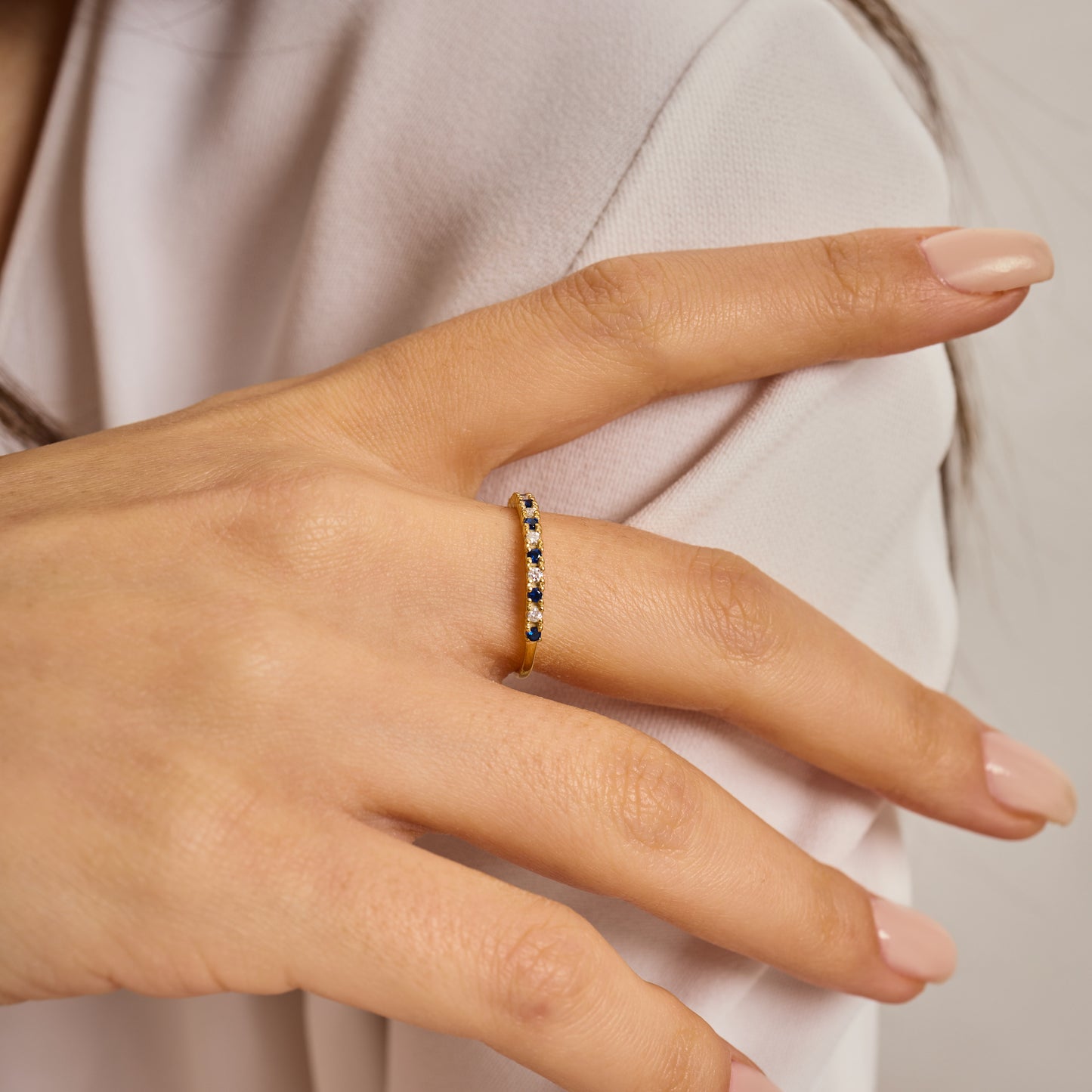 Solid Gold Sapphire Moissanite Ring | Half Eternity Stacking Band | Dainty Blue Sapphire Jewelry | Personalized Gift for Her