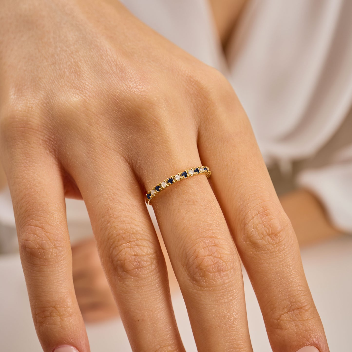 Solid Gold Sapphire Moissanite Ring | Half Eternity Stacking Band | Dainty Blue Sapphire Jewelry | Personalized Gift for Her