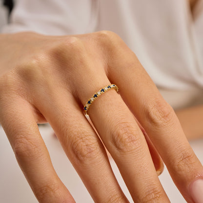 Solid Gold Sapphire Moissanite Ring | Half Eternity Stacking Band | Dainty Blue Sapphire Jewelry | Personalized Gift for Her