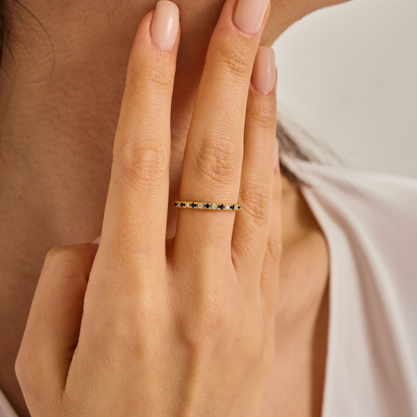 Solid Gold Sapphire Moissanite Ring | Half Eternity Stacking Band | Dainty Blue Sapphire Jewelry | Personalized Gift for Her