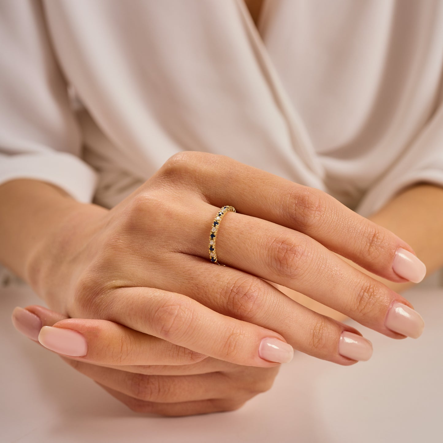 Solid Gold Sapphire Moissanite Ring | Half Eternity Stacking Band | Dainty Blue Sapphire Jewelry | Personalized Gift for Her