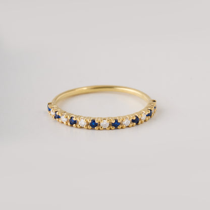 Solid Gold Sapphire Moissanite Ring | Half Eternity Stacking Band | Dainty Blue Sapphire Jewelry | Personalized Gift for Her