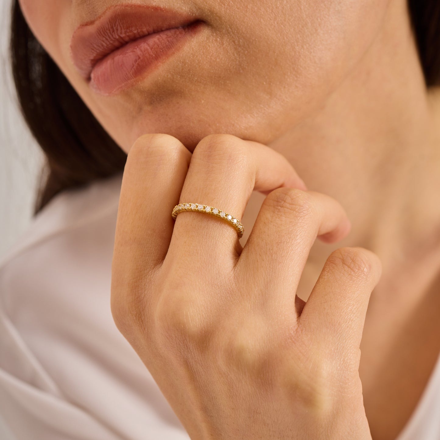 Moissanite Eternity Band Ring 2mm | Full Eternity 30 Stone Ring ,Solid Gold Wedding Band | Minimal Stackable Ring