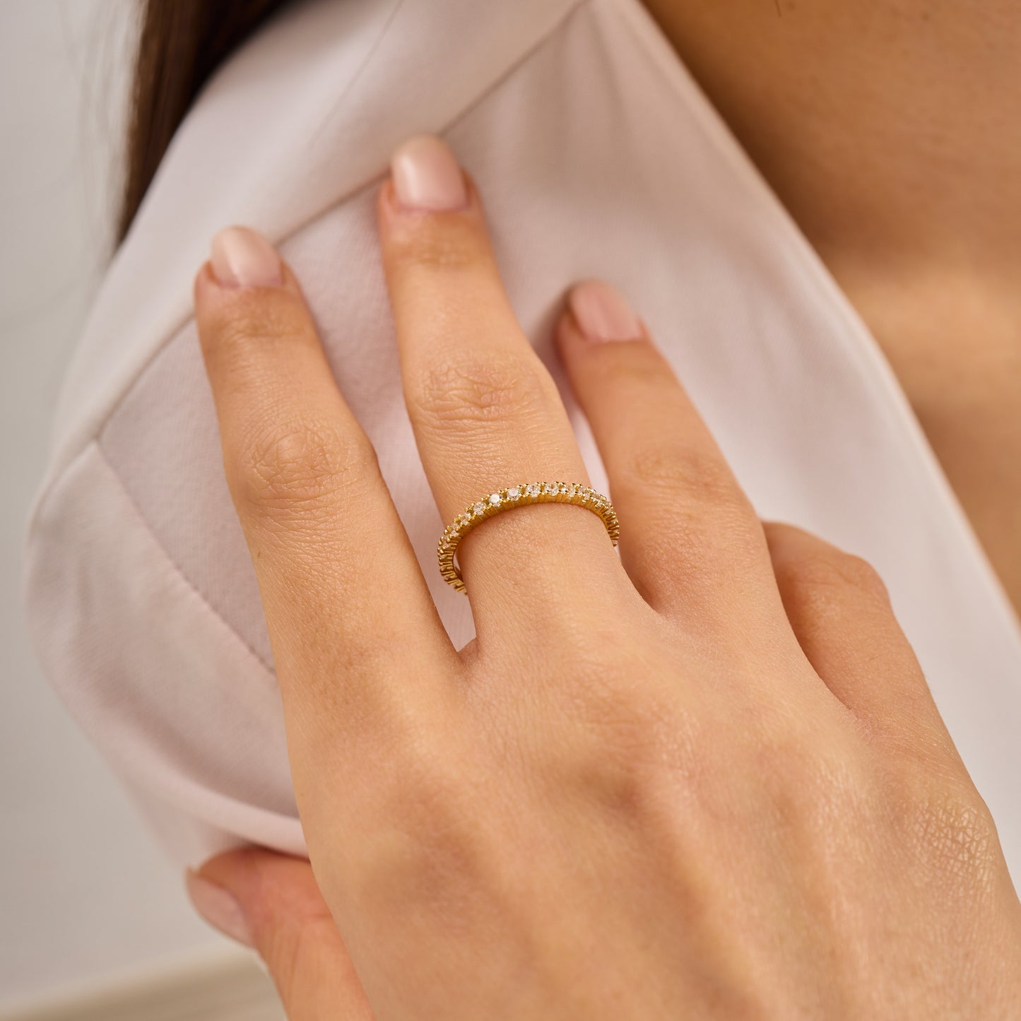 Moissanite Eternity Band Ring 2mm | Full Eternity 30 Stone Ring ,Solid Gold Wedding Band | Minimal Stackable Ring