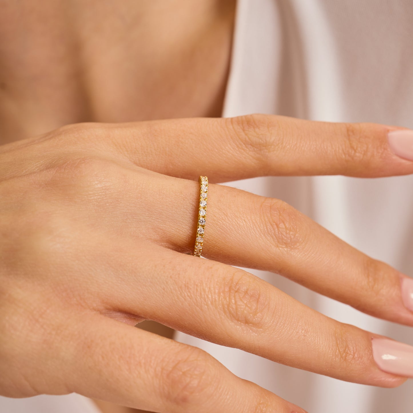 Moissanite Eternity Band Ring 2mm | Full Eternity 30 Stone Ring ,Solid Gold Wedding Band | Minimal Stackable Ring