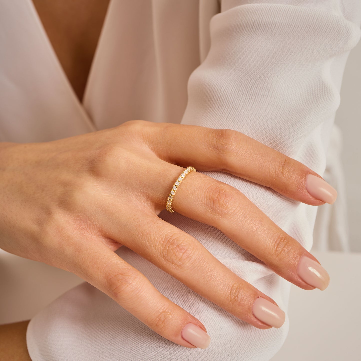 Moissanite Eternity Band Ring 2mm | Full Eternity 30 Stone Ring ,Solid Gold Wedding Band | Minimal Stackable Ring