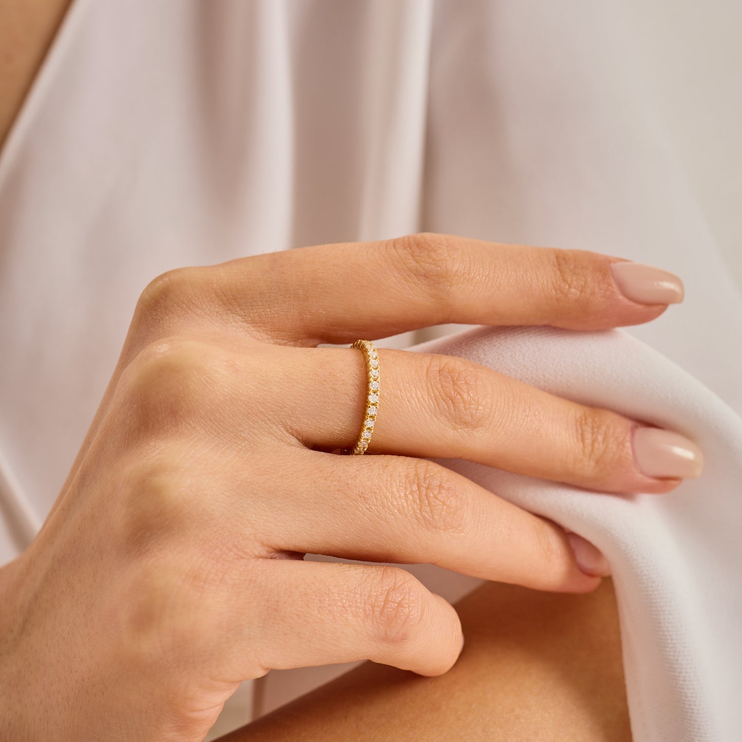Moissanite Eternity Band Ring 2mm | Full Eternity 30 Stone Ring ,Solid Gold Wedding Band | Minimal Stackable Ring