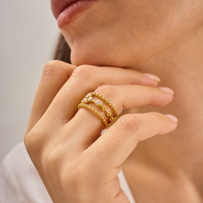 Wide Beaded Gold Ring with Moissanite, Modern Stacking Ring, Minimal Luxury Jewelry, Anniversary Gift
